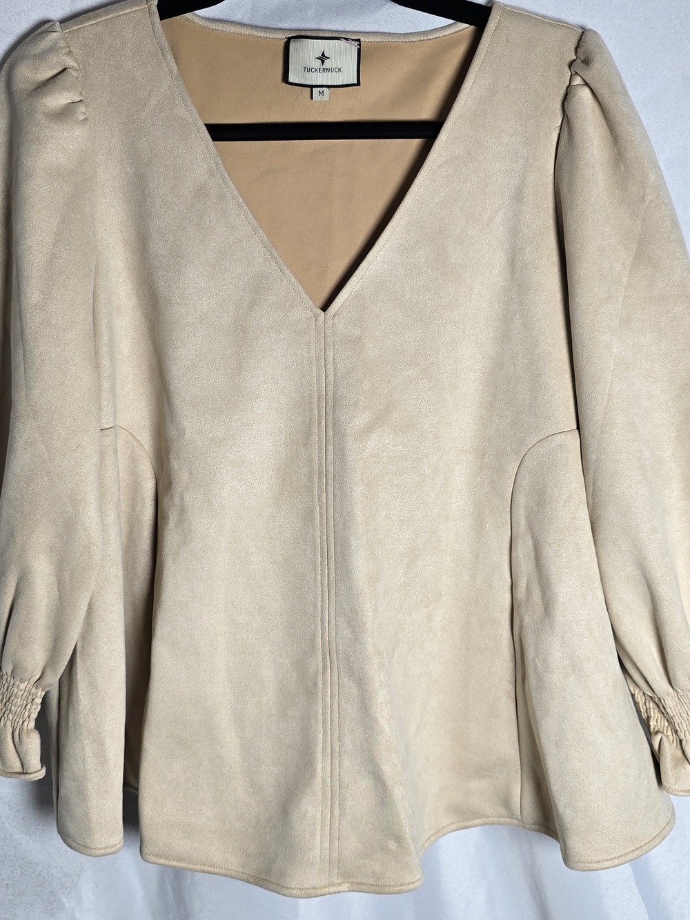 Tuckernuck Cream Tan Faux Suede V Neck Puff Poet Balloon Sleeve Top, Sz M